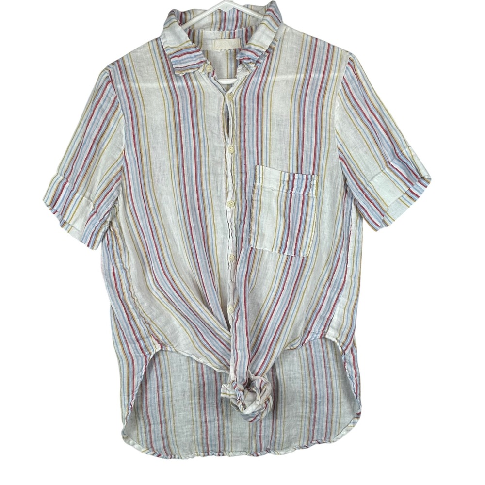 CP Shades Romy Linen Womens Small Striped Short Sleeve Button Down Shirt USA